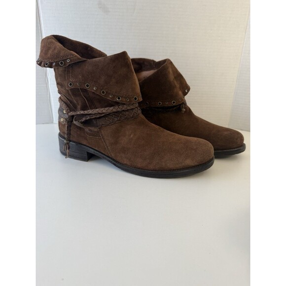 TRASK Women's Brown Suede Ankle Boots- SZ 9.5 36-01342 fold over braided detail - Picture 7 of 15